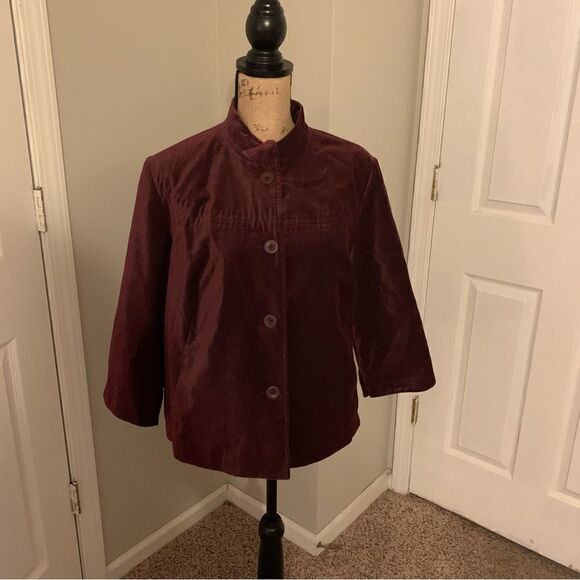 J. Jill Burgundy Faux-Velvet Pocketed High-Neck Jacket Sz L - Picture 5 of 14
